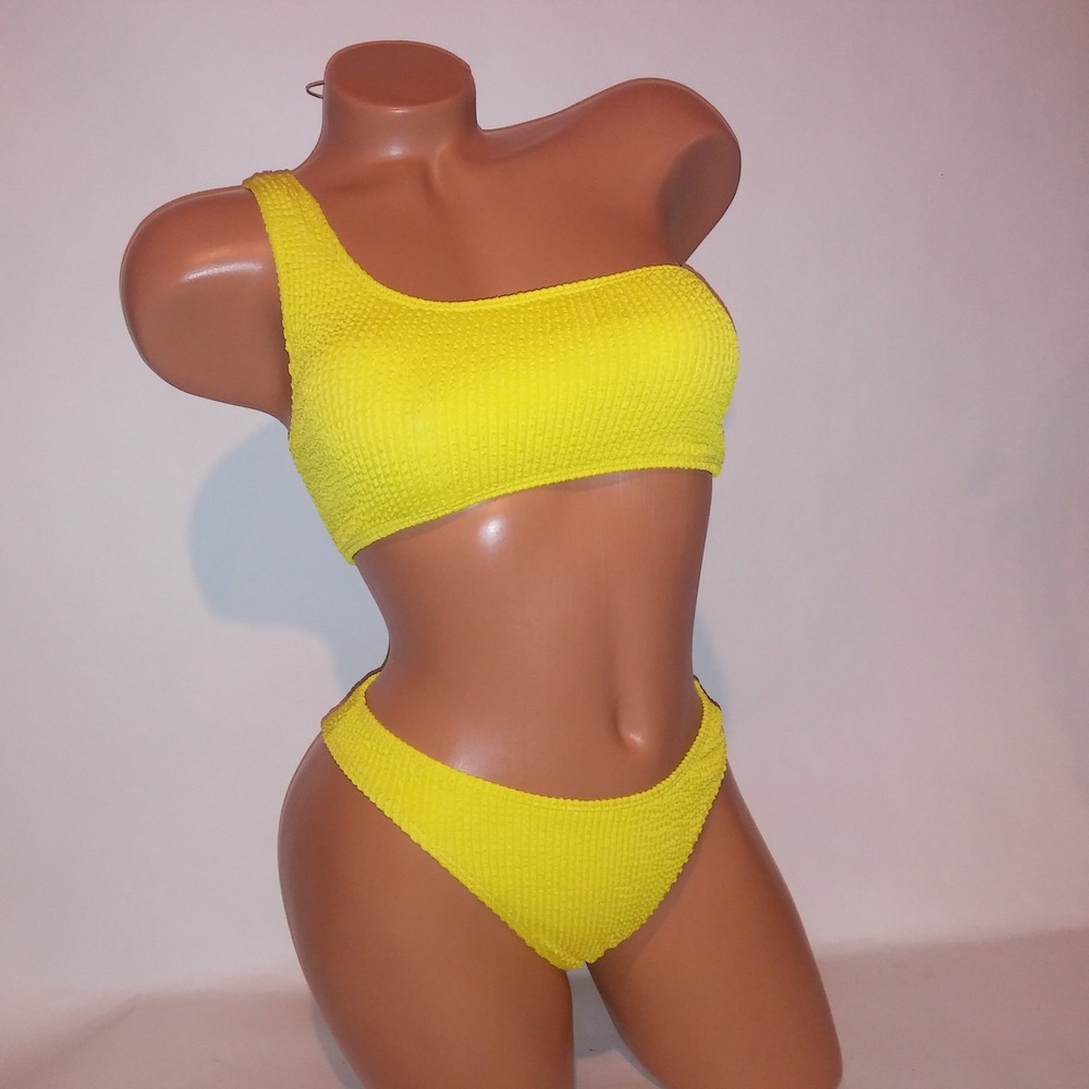 Swim Bikini Top & Bottom XS Ribbed Smocked Solid Removable Padding Wireless